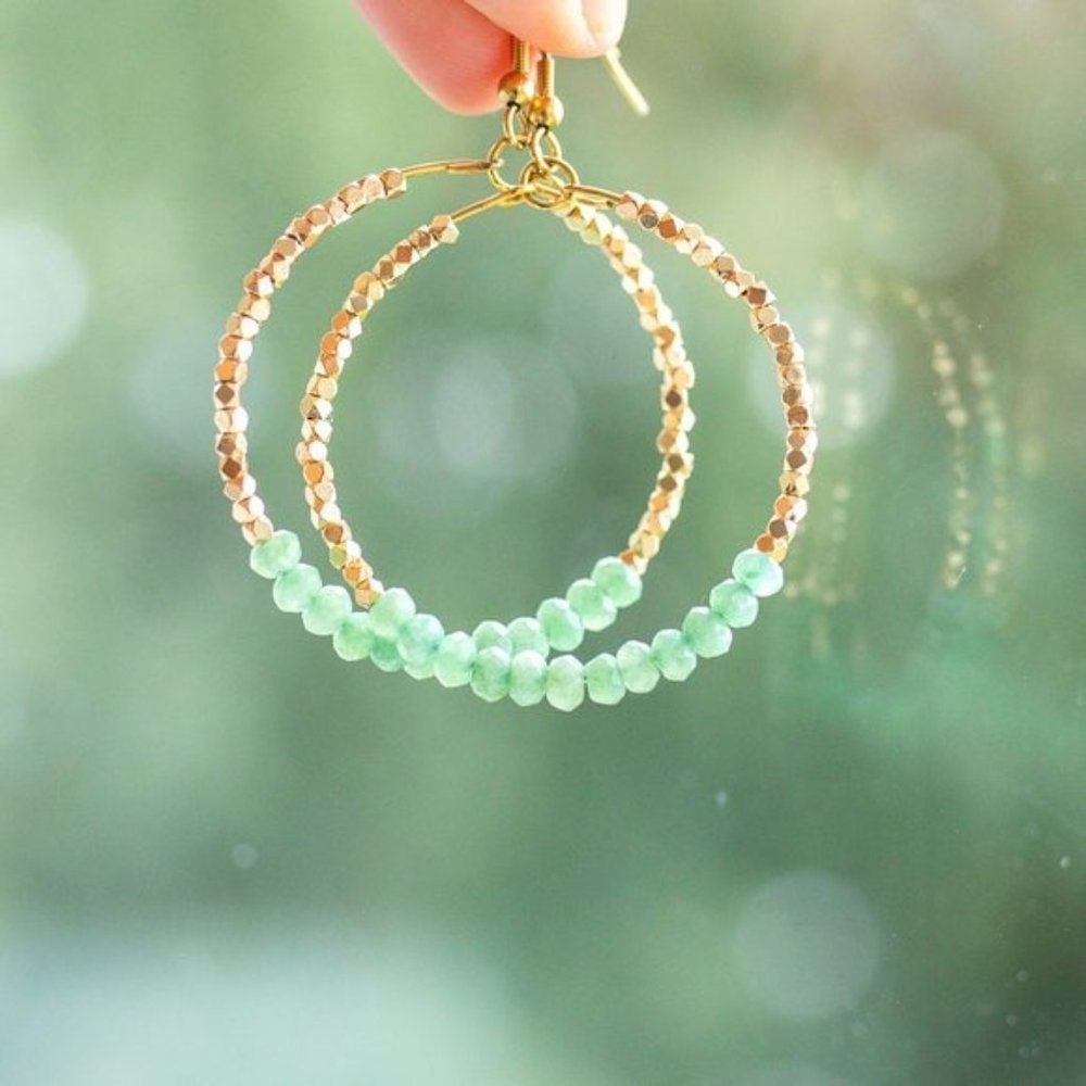Sea Green Aventurine SPARKLY Gold Beaded Earrings Gemstone Dangle Hoop beaded